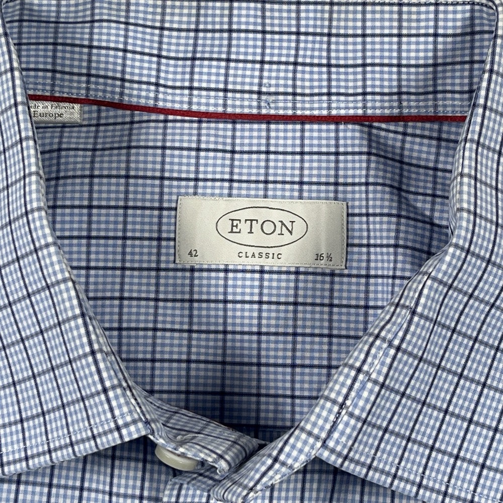Eton Dress Shirt Men 16.5 - 42 Classic Light Blue Micro Check Button Long Sleeve - Picture 2 of 8